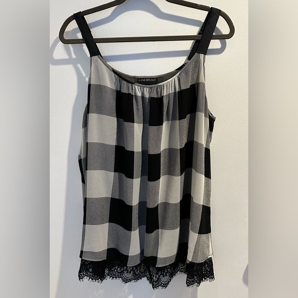 Lane Bryant Black and Gray Checked Lace-Trim Tank Top